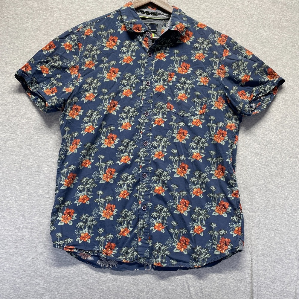 MBX Premium Goods Hawaiian Shirt Mens Medium Blue Multi Floral Palm Tree Print